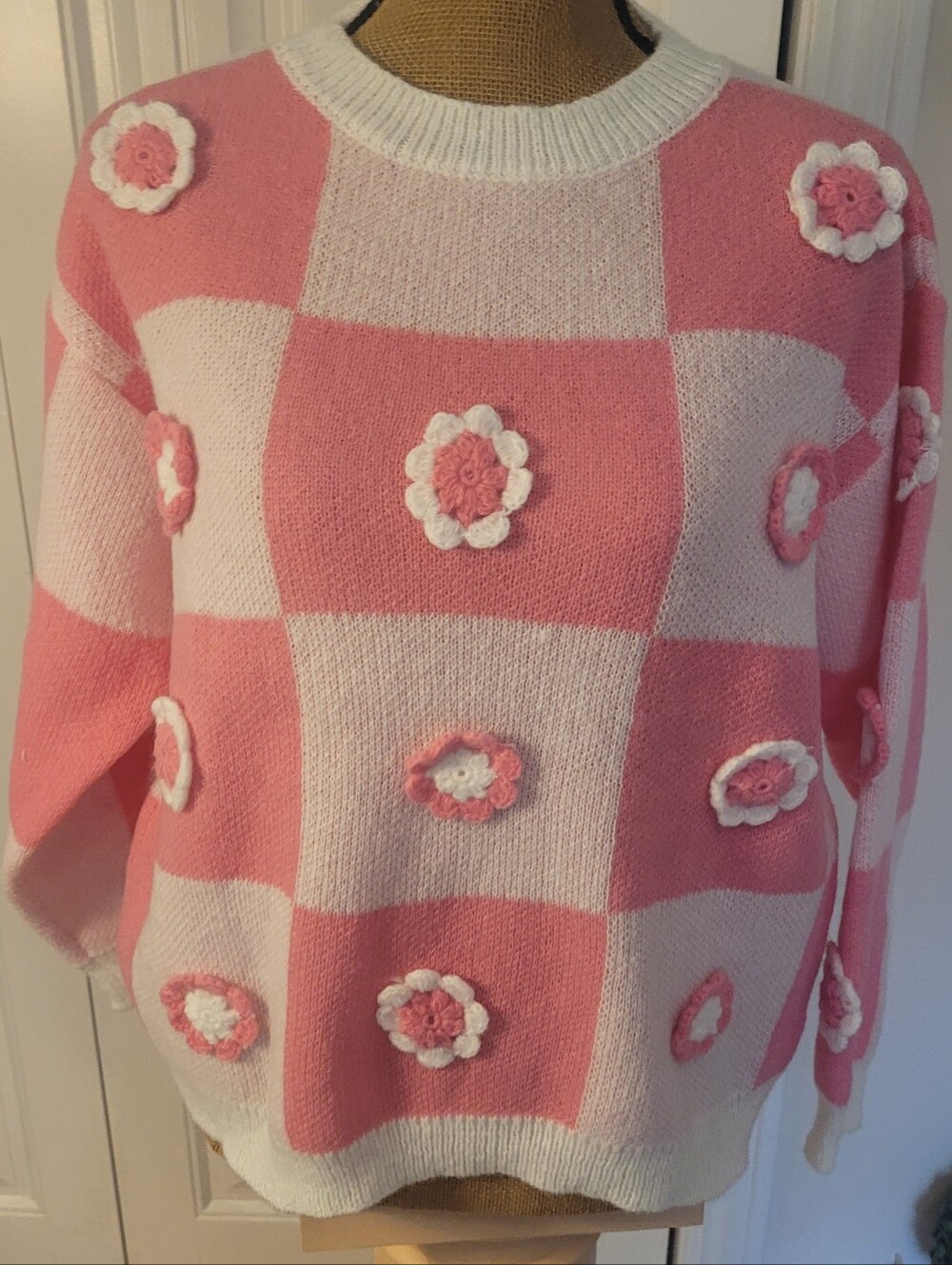 BiBi Pink Checkered w/Florals Sweater, NIB (No Tags), S - SO Pretty & Girlie🩷🌸